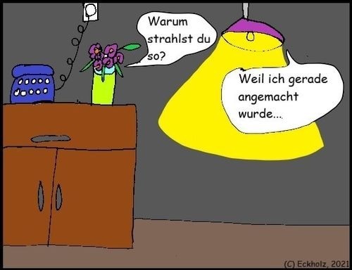 Cartoon: Warum strahlst du so? (medium) by Kritzeltonne tagged licht,strahl,strahlen,leuchten,anmache,redensart,birne,lampe,helle