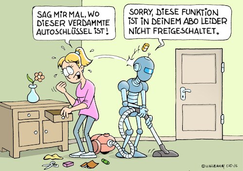 Cartoon: Starsinniger Roboter (medium) by Rovey tagged roboter,saugroboter,humanoid,serviceroboter,sturheit,starsinn,unkooperativ,haushalt,autoschlüssel,suchen,vergessen,verloren,verlust,stress,unachtsamkeit,haushaltshilfe,frau,wohnung,digitalisierung,abo,funktionen,cartoon,illustration,zeichnung,handmade,humanmade,handdrawn,handgezeichnet,ohneki,noai,roboter,saugroboter,humanoid,serviceroboter,sturheit,starsinn,unkooperativ,haushalt,autoschlüssel,suchen,vergessen,verloren,verlust,stress,unachtsamkeit,haushaltshilfe,frau,wohnung,digitalisierung,abo,funktionen,cartoon,illustration,zeichnung,handmade,humanmade,handdrawn,handgezeichnet,ohneki,noai