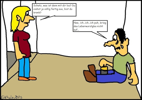 Cartoon: Geschafft... (medium) by Wutkritzler78 tagged kraftakt,anstrengung,mühe,leberwurstglas,wurst,mann,frau,ehe