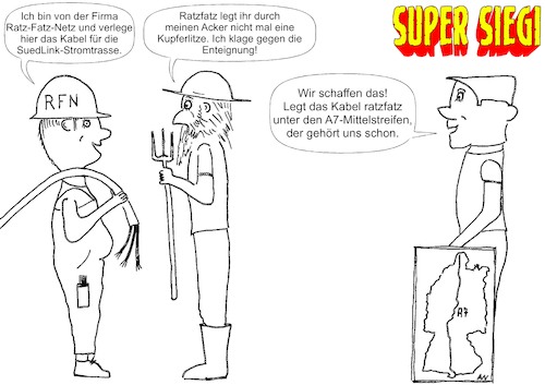 Cartoon: A7-Stromtrasse SuedLink (medium) by Tatort Memmingen tagged stromtrasse,erdkabel,suedlink,elektrische,energie,energiewende,windkraft,windenergie,energieversorgung,güner,strom,ökostrom,süddeutschland,bayern,baden,württemberg,schleswig,holstein,autobahn,wasserkraft,hochspannung,gleichstrom,netzausbau,markus,söder,offshore,onshore,windpark,nordsee,ostsee,süden,norden