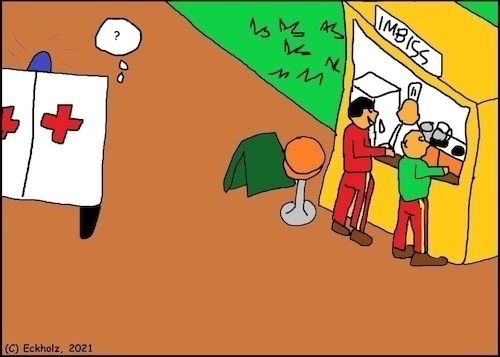 Cartoon: Ohne Worte (medium) by Kritzelhonk tagged sanitäter,imbiss,pause,stärkung,rast,essen,patient,notarzt,gesellschaft,rettungswagen,notfall,gesundheit,hunger,imbissbude