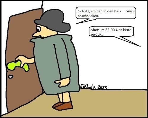 Cartoon: Um 22 Uhr biste zurück... (medium) by Kritzelprolet tagged sittenstrolch,exhibitionist,mann,frau,ehe,verbrechen,unhold,gesellschaft,psychologie,psychiatrie,sexualstraftäter