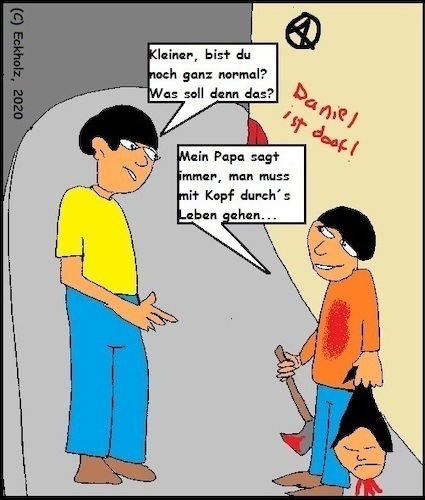 Cartoon: Papa sagt... (medium) by Hoschie1978 tagged junge,mord,blut,splatter,mann,gesellschaft,gewalt,kopf,axt,horror