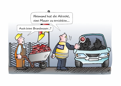 Cartoon: Brandmauer (medium) by Bernd Eisert tagged grenze,beamter,kontrolle,maurer,brandmauer,grenze,beamter,kontrolle,maurer,brandmauer