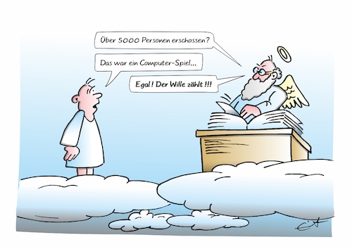 Cartoon: Digitale Mörder! (medium) by Bernd Eisert tagged himmel,pforte,engel,petrus,digital,computerspiel,tote,vergehen,himmel,pforte,engel,petrus,digital,computerspiel,tote,vergehen