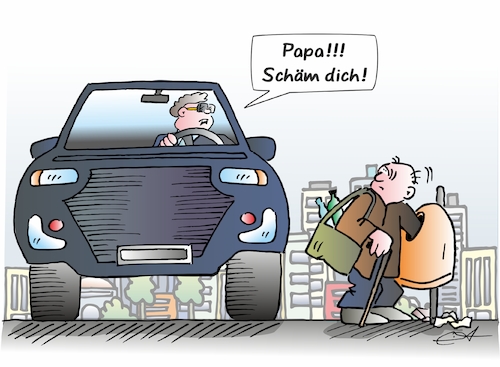 Cartoon: Falsche Scham (medium) by Bernd Eisert tagged auto,mülleimer,flaschen,sammeln,vater,sohn,reichtum,armut,undank,auto,mülleimer,flaschen,sammeln,vater,sohn,reichtum,armut,undank