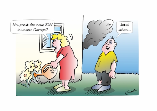 Cartoon: Garagenproblem (medium) by Bernd Eisert tagged auto,suv,garage,platz,probleme,neuwagen,unfall,ehepaar,auto,suv,garage,platz,probleme,neuwagen,unfall,ehepaar