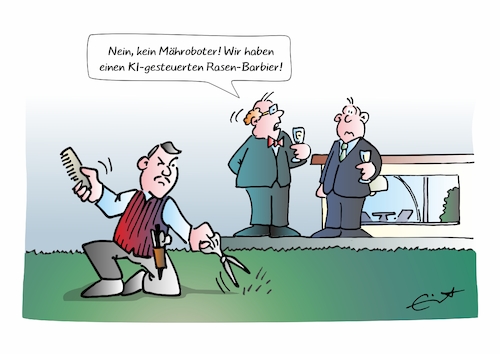 Cartoon: Rasen Barbier (medium) by Bernd Eisert tagged rasen,mähroboter,ki,barbier,schere,reichtum,wiese,rasen,mähroboter,ki,barbier,schere,reichtum,wiese