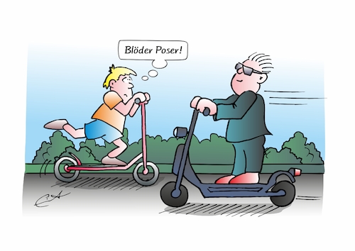 Cartoon: Roller Poser (medium) by Bernd Eisert tagged verkehr,straße,roller,poser,ablehnung,elektroantrieb,angeber,verkehr,straße,roller,poser,ablehnung,elektroantrieb,angeber