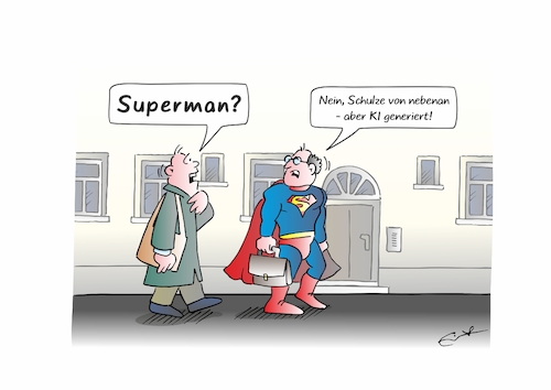 Cartoon: Überall KI (medium) by Bernd Eisert tagged mann,superman,nachbar,ki,veränderung,wirklichkeit,mann,superman,nachbar,ki,veränderung,wirklichkeit