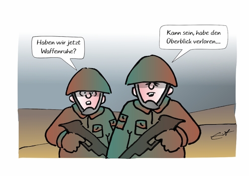 Cartoon: Waffenruhe (medium) by Bernd Eisert tagged politik,krieg,waffen,waffenruhe,frieden,kampf,pause,soldaten,politik,krieg,waffen,waffenruhe,frieden,kampf,pause,soldaten