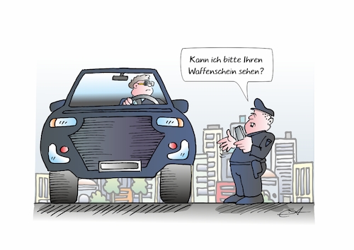 Cartoon: Waffenschein für SUV (medium) by Bernd Eisert tagged auto,suv,gefahr,waffe,waffenschein,kontrolle,polizist,auto,suv,gefahr,waffe,waffenschein,kontrolle,polizist
