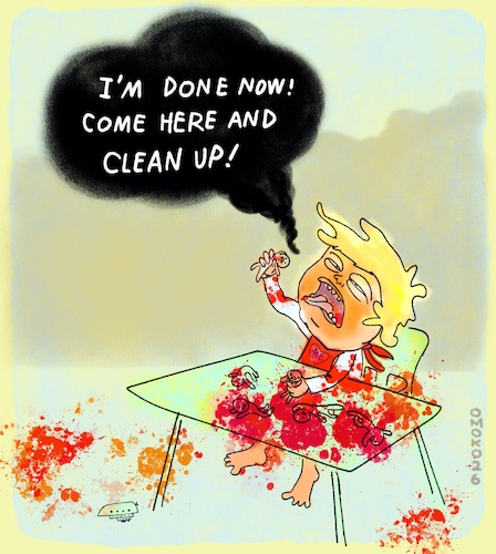 Cartoon: Clean Up Now (medium) by omoko tagged catastrophy,mess,battlefield,baby,donald,trump,president,mr,predator,don,dump,clean,up,ready,done,dirty,war,leftovers,omoko