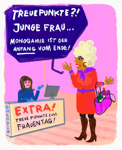 Cartoon: Extra Frauen (medium) by omoko tagged weltfrauentag,liebe,selbstbestimmung,frauentag,frau,treue,monogamie,überbewertet,männer,girls,schlampenpower,lifestyle,choice,sexlife,auswahl,leben,konsum,überwachung,kaufkraft,old,oldschool,karikatur,starke,frauen,omoko