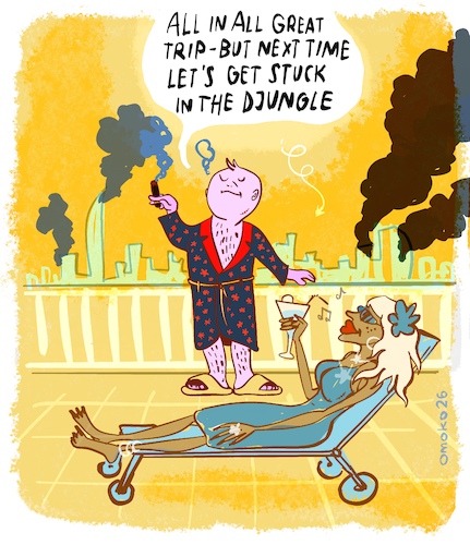 Cartoon: GREAT TRIP (medium) by omoko tagged tourists,stuck,in,dubai,holiday,plans,smoke,clouds,cigars,rockets,shooting,bombs,djungle,omoko,interesting,places,travel,restrictions,get,away