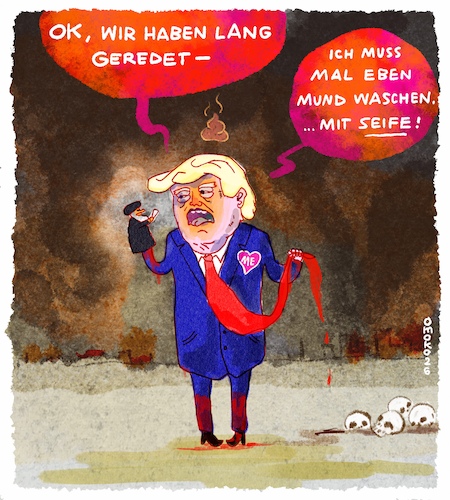 Cartoon: Herr Redeviel (medium) by omoko tagged herr,präsident,donald,trump,fake,verhandlungen,kriegsziele,iran,golfkrieg,bomben,weltkrieg,mullah,handpuppe,einbildung,realitätsverlust,lüge,psychopath,sociopath,lügner,diktator,pest,cholera,ende,drohen,völkerrecht,ignoranz,omoko