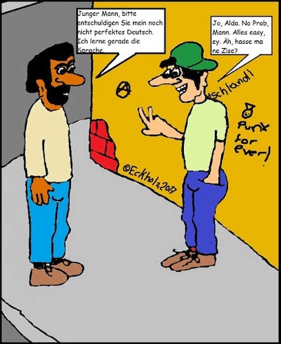 Cartoon: Schlechtes Deutsch... (medium) by Kritzelspacko78 tagged migranten,sprache,gesellschaft,deutsch,jugend,jugendlicher,junge,mann