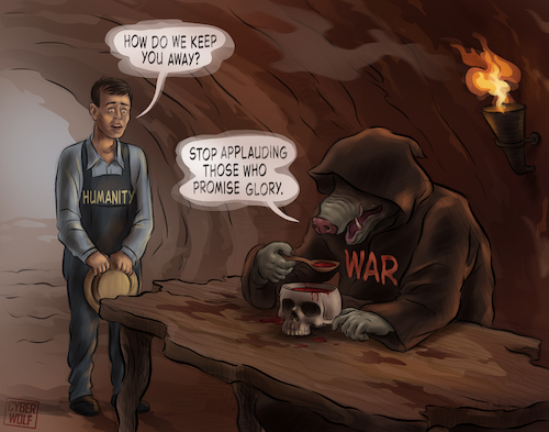 Cartoon: An Old Conversation (medium) by Cyberwolf tagged war,humanity,leadership,politics,populism,glory,allegory,personification,metaphor