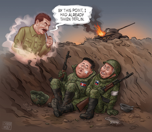 Cartoon: Ghost of the Past (medium) by Cyberwolf tagged russia,ukraine,war,northkorea,kimjungun,dictatorship,putin,stalin,ghost,authoritarianism