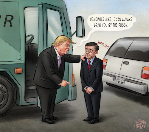 Cartoon: The Art of Intimidation (medium) by Cyberwolf tagged trump,mike,johnson,usa,president,speaker,politics,grab,them,by,the,pussy