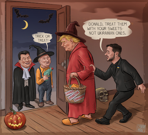 Cartoon: Trick or Territory (medium) by Cyberwolf tagged trump,putin,xi,jinping,zelensky,donbas,luhansk,crimea,ukraine,russia,war,invasion,peace,talks,halloween,satire