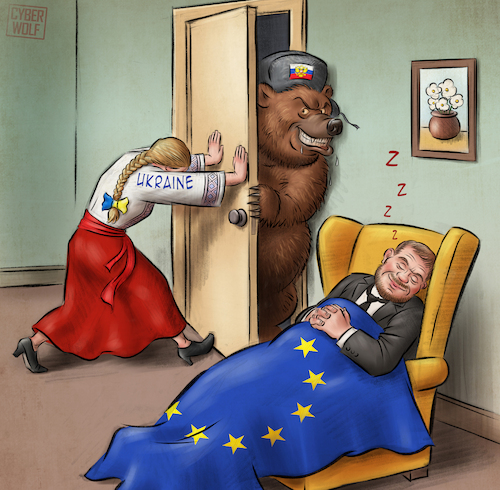 Cartoon: While Europe Slept (medium) by Cyberwolf tagged bear,russia,putin,war,criminal,ukraine,europe,agression