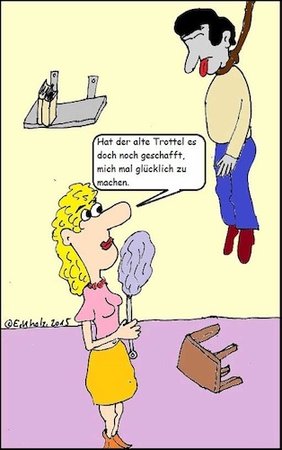 Cartoon: Alter Trottel... (medium) by Mr Mampf tagged trottel,suizid,selbstmord,baumeln,hängen,frau,mann,tod,herzlosigkeit,bosheit,hass,glück,glückseligkeit,gesellschaft