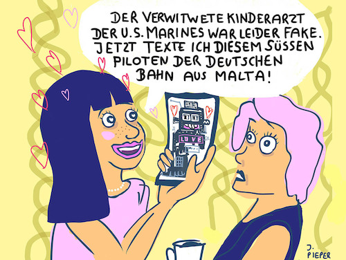 Cartoon: Love Scam (medium) by Juliane Pieper tagged dating,onlinedating,cybercrime,lovescamming,romance,betrug,bots,heiratsschwindler