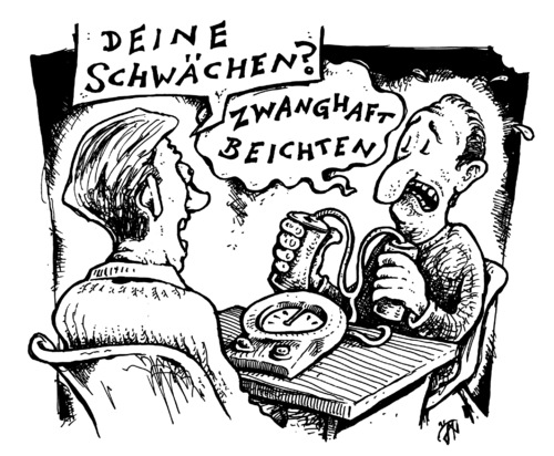 Cartoon: auditing (medium) by JP tagged bewerbung,scientology,glaube,sekte