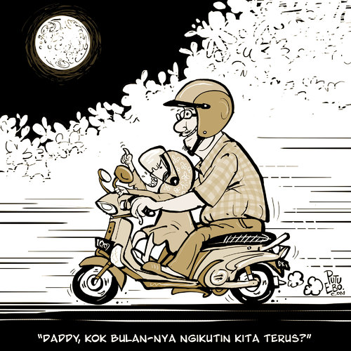 Cartoon: Me and my daughter (medium) by putuebo tagged daughter,motorcycle,night,moon