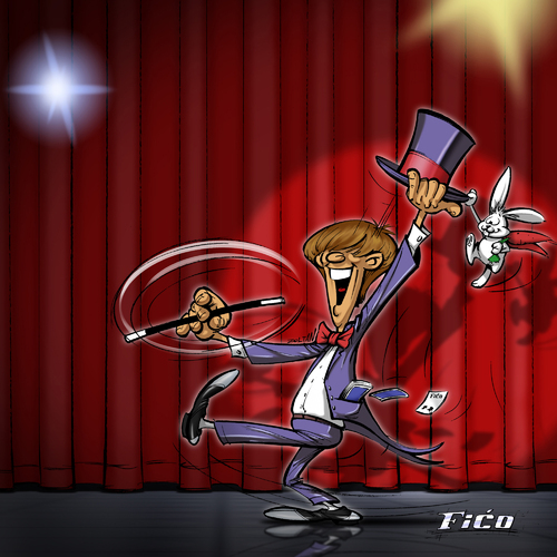 Cartoon: magic by fico (medium) by Zoltan tagged kartenzauberei,karten,künstler,showbusiness,bühne,zylinder,hase,auftritt,dovath,zoltan,zauberei,magic,magie,zauberei,auftritt,hase,zylinder,bühne,künstler,showbusiness