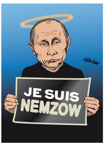 Cartoon: Je suis Nemzow (medium) by ESchröder tagged regimekritiker,purinkritiker,boris,nemzow,putin,ermordung,kreml,desinformation,gegenpropaganda,lügen,heiligenschein,geheimdienst,ukraine