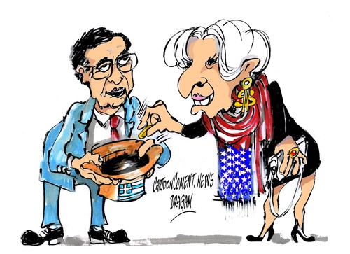 Cartoon: Antonis- Lagarde-desembolso (medium) by Dragan tagged antonis,samaras,christine,lagarde,fondo,monitario,internacional,fmi,grecia,rescate,politics,cartoon