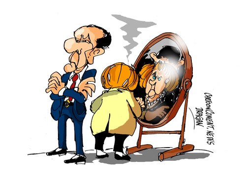 Cartoon: Barack Obama-Angela Merkel (medium) by Dragan tagged barack,obama,angela,merkel,servicios,secretos,casa,blankqa,eeuu,alemania,espionaje,politics,cartoon