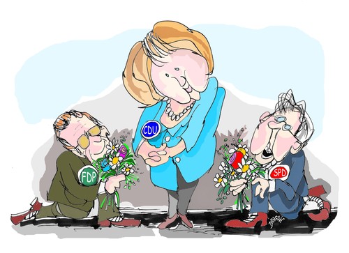 Cartoon: coalicion (medium) by Dragan tagged angela,merkel,guido,westerwelle,frank,waltersteinmeier,spd,cdu,fdp,elecsiones,politics