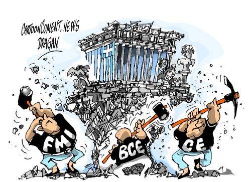 Cartoon: Grecia-FMI-BCE-CE repuntado (medium) by Dragan tagged grecia,fondo,monetario,internacional,fmi,banko,central,europeo,bce,comisiion,europea,ce,politics,cartoon