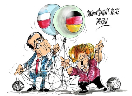 Cartoon: Hollande-Merkel-posicion (medium) by Dragan tagged francois,hollande,angela,merkel,alemania,francia,union,europea,presupuestos,politics,cartoon