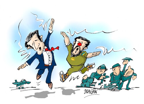 Cartoon: Macron-Zelenski-Rafale (medium) by Dragan tagged emmanuel,macron,volodimir,zelenski,rafale