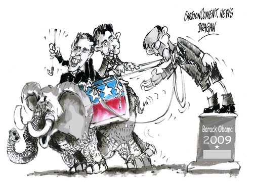 Cartoon: Mitt Romney-Paul Ryan (medium) by Dragan tagged mitt,romney,paul,ryan,barack,obama,casa,blanca,eeuu,estados,unidos,partido,republicano,elecciones,politics,cartoon