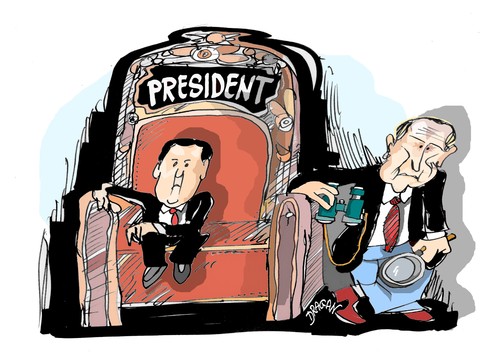 Cartoon: Putin (medium) by Dragan tagged vladimir,putin,dmitri,medvedev,politics,escudo,antimisiles,obama,bush