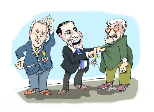 Cartoon: Silvio Berluscon (medium) by Dragan tagged benjamin,netanyahu,silvio,berluscon,abu,mazen,israel,palestina,politics,cartoon