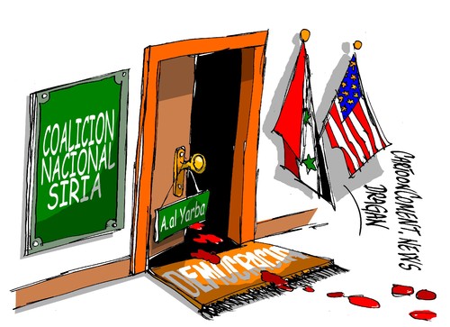 Cartoon: Washington-Ahmed al Yarba (medium) by Dragan tagged washington,estados,unidos,eeuu,siria,ahmed,al,yarba,coalicion,nacional,politics,cartoon