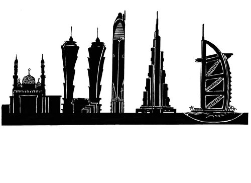 Cartoon: Skyline Dubai (medium) by Glenn M Bülow tagged dubai,travel,city,skyline,monument,sightseeing,sights