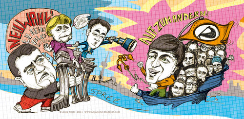 Cartoon: Pirate party boards politics (medium) by Anja Nolte tagged sigmar,gabriel,merkel,rösler,piratenpartei,andreas,baum,politics