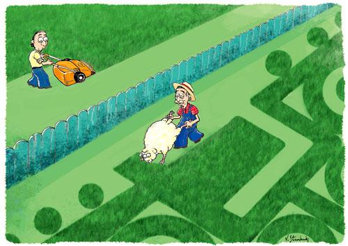 Cartoon: Sheep mower (medium) by vlade tagged grass,mower,home,sheep,garden,yard