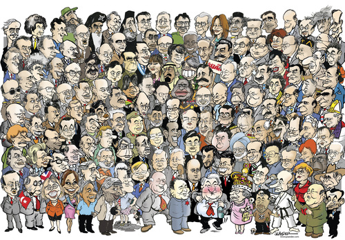 Cartoon: Worldleaders (medium) by jeander tagged presiden,arafat,yasser,nestor,argentina,kirchner,cristina,chile,president,bachelet,michelle,storbritannien,former,wilson,harold,turkiet,pm,erdogan,tayyip,leaders,presidents,primeministers,politiker,macht