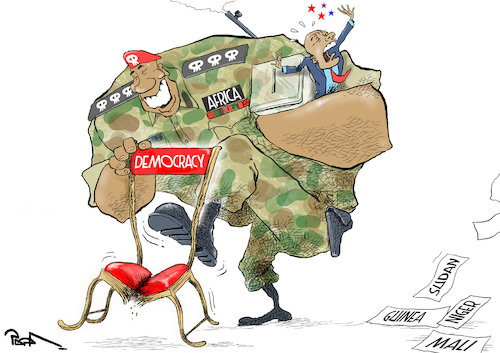 Cartoon: New wave of military coup in Afr (medium) by Popa tagged coup,conflict,disaster,humanitarian,war