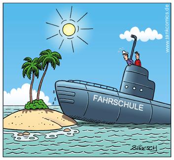 Cartoon: fahrstunde (medium) by pentrick tagged uboot,submarine,boot,boat,fahrschule,driving,school,insel,island,man,mann,ozean,ocean,meer,sea,