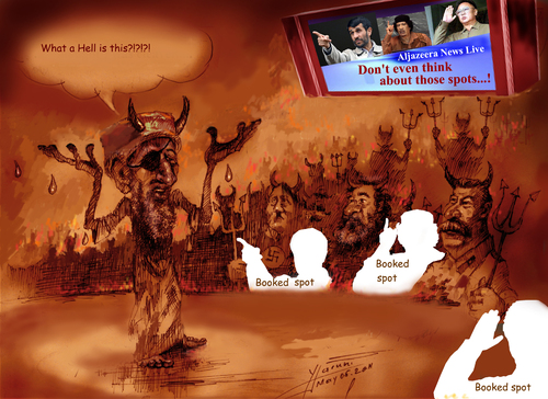 Cartoon: Hell Booked Up (medium) by ylli haruni tagged stalin,vissarionovich,joseph,hussein,saddam,hitler,adolf,jongil,kim,ahmadinejad,mahmoud,gaddafi,muammar,laden,bin,osama