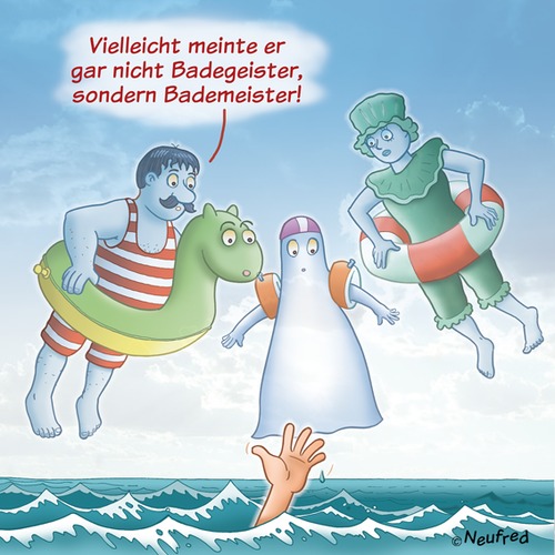 Cartoon: Badegeister (medium) by neufred tagged baden,ertrinken,meer,bademeister,schwimmflügelchen,wasserspielzeug